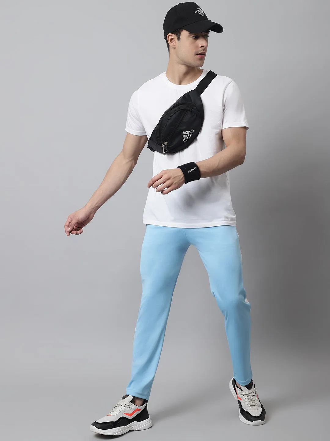 Men's Sky Blue and White Striped Streachable Lycra Trackpants