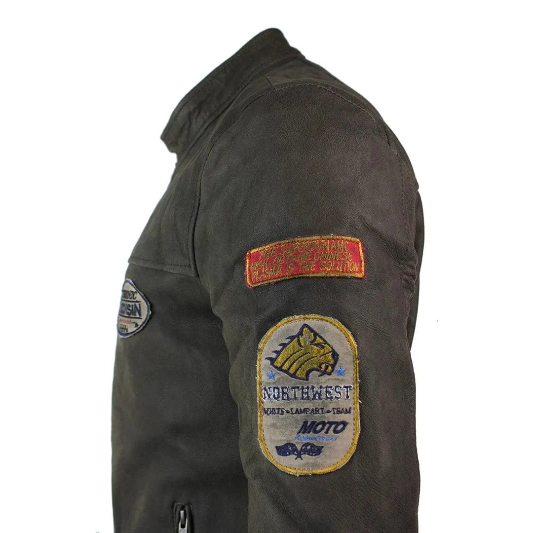 Mens Vintage Brown Leather Racer Badge Biker Jacket Washed Distressed Slim Fit