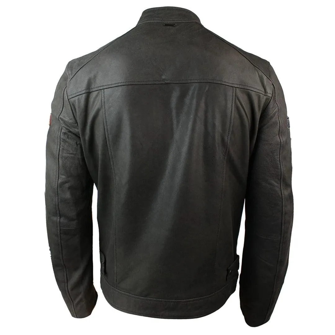 Mens Vintage Brown Leather Racer Badge Biker Jacket Washed Distressed Slim Fit