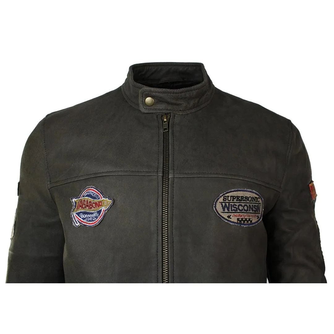 Mens Vintage Brown Leather Racer Badge Biker Jacket Washed Distressed Slim Fit