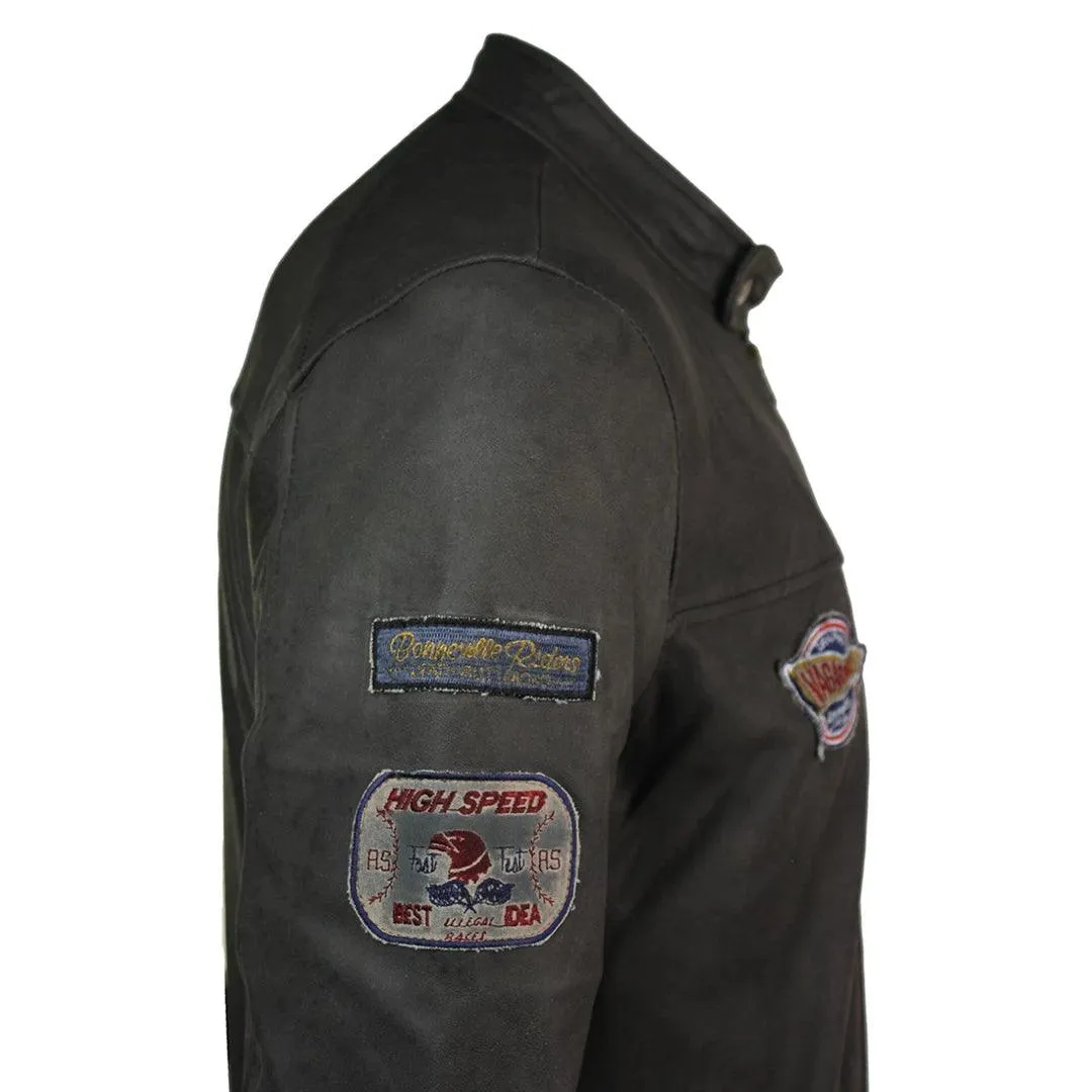 Mens Vintage Brown Leather Racer Badge Biker Jacket Washed Distressed Slim Fit