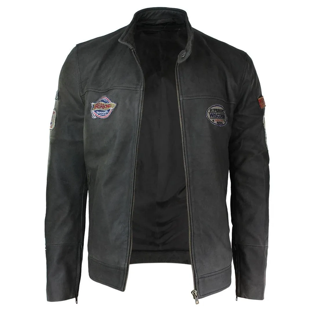 Mens Vintage Brown Leather Racer Badge Biker Jacket Washed Distressed Slim Fit