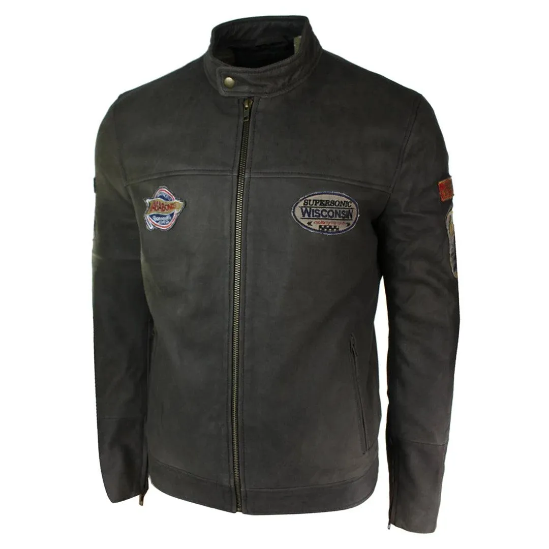 Mens Vintage Brown Leather Racer Badge Biker Jacket Washed Distressed Slim Fit