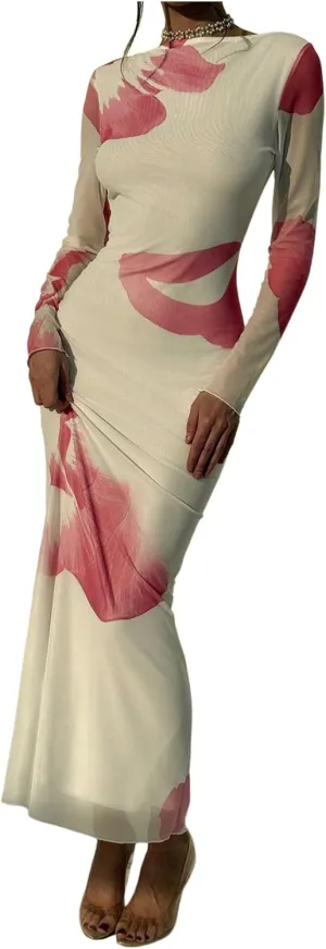 Milumia Women's Tie Dye Mesh Bodycon Dresses Floral Long Sleeve Maxi Dresses