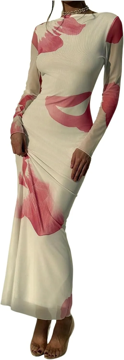 Milumia Women's Tie Dye Mesh Bodycon Dresses Floral Long Sleeve Maxi Dresses