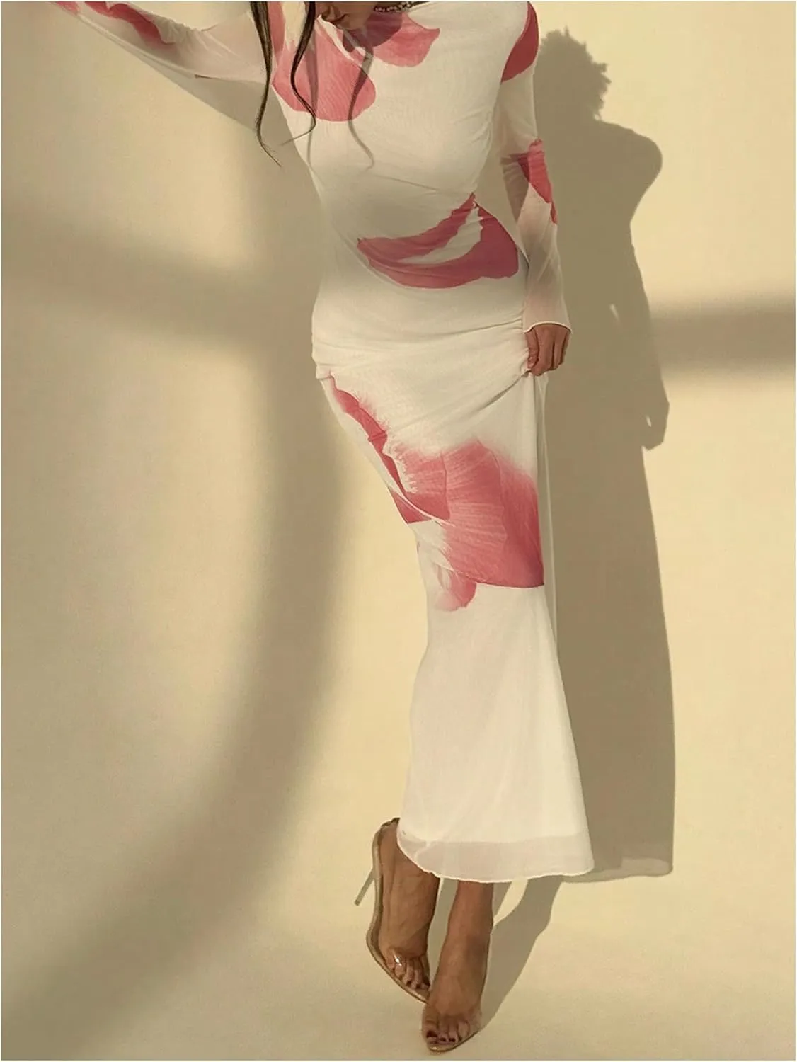 Milumia Women's Tie Dye Mesh Bodycon Dresses Floral Long Sleeve Maxi Dresses