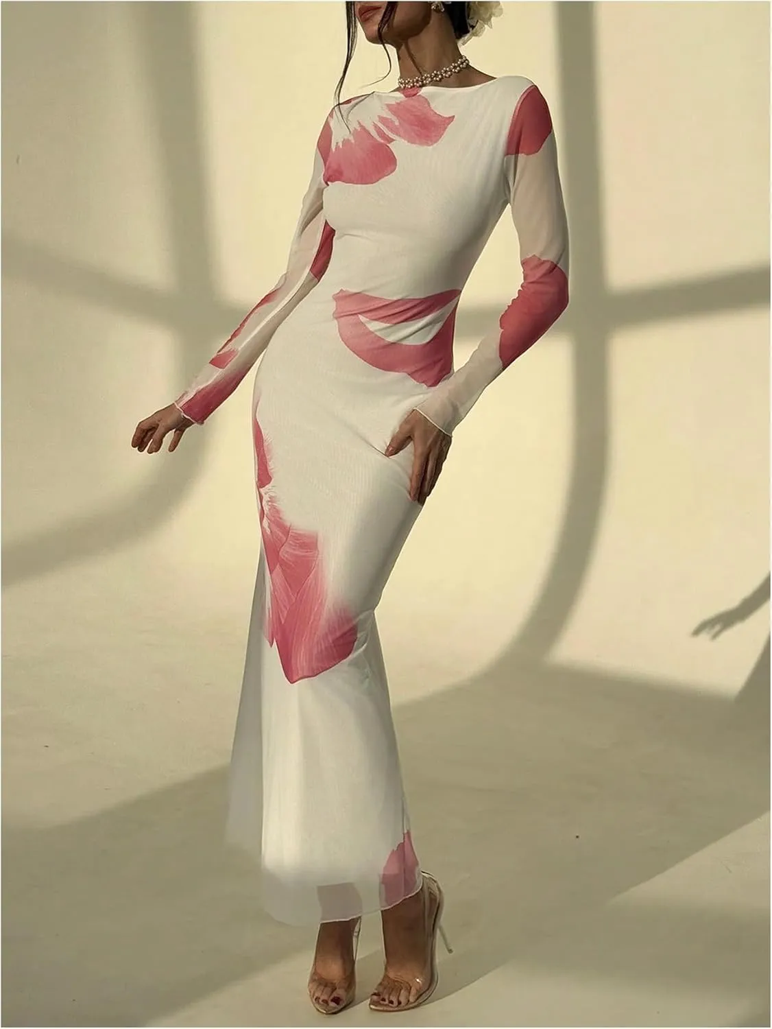 Milumia Women's Tie Dye Mesh Bodycon Dresses Floral Long Sleeve Maxi Dresses