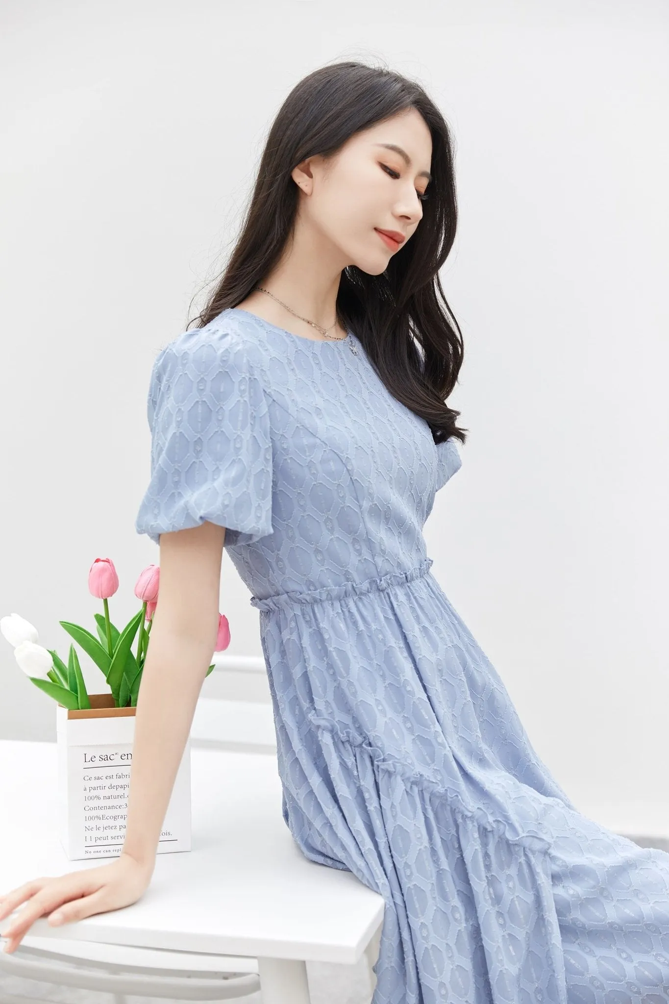 Mist Blue Puff Sleeve Rhombus Midi Dress