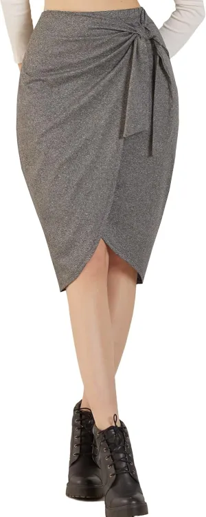 noflik Women's Elastic High Waist Tie Front Wrap Asymmetrical Midi Pencil Skirt