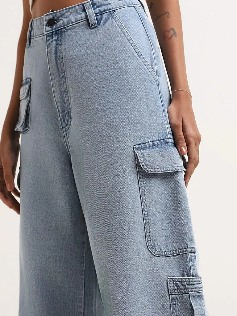 Nuon Blue Denim Relaxed Fit Mid Rise Cargo Jeans