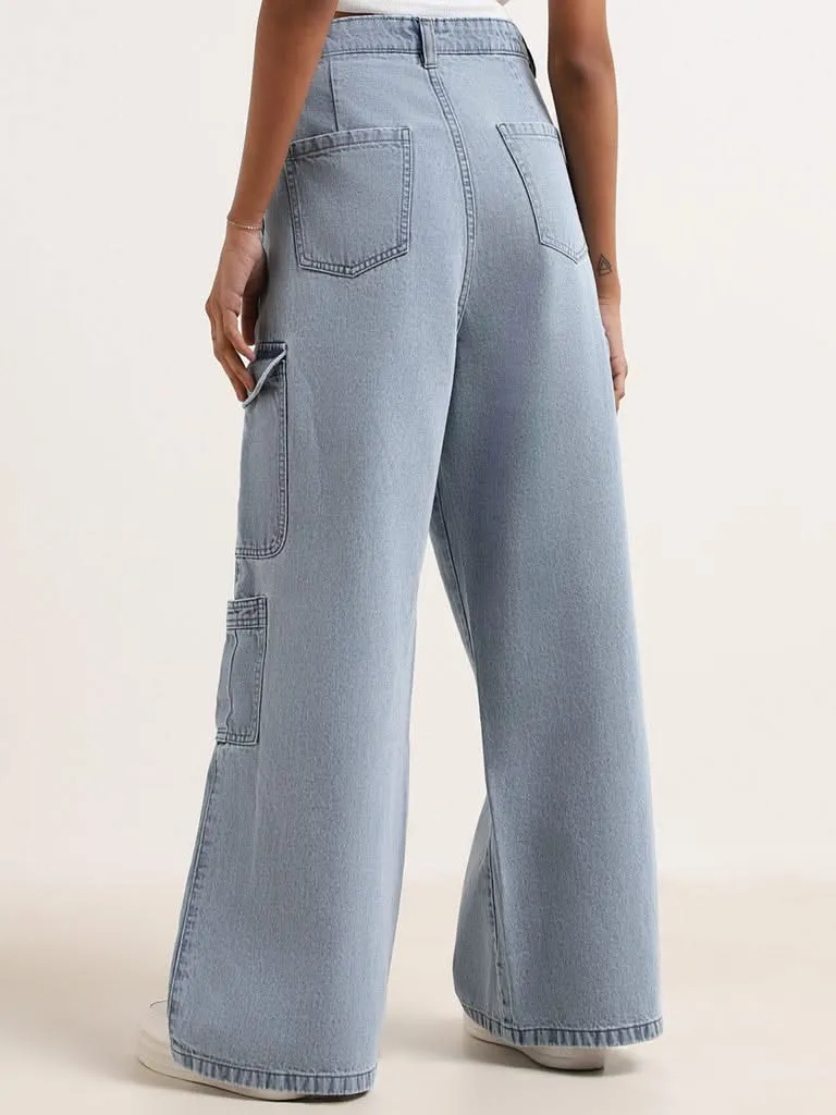 Nuon Blue Denim Relaxed Fit Mid Rise Cargo Jeans