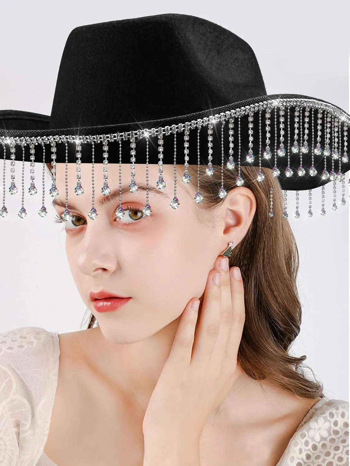 quescu Bridal Cowgirl Hat for Bachelorette Party,Rhinestone White Cowboy Hat for Women Bride To Be Gift,Halloween Costume