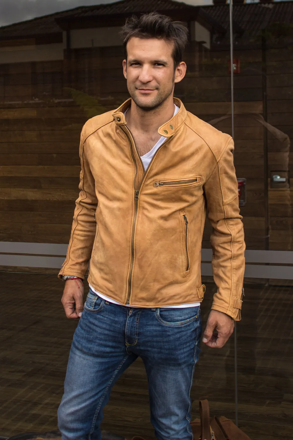R79 SOL Leather Jacket Pre-Washed tan Leather  - Cafe Racer