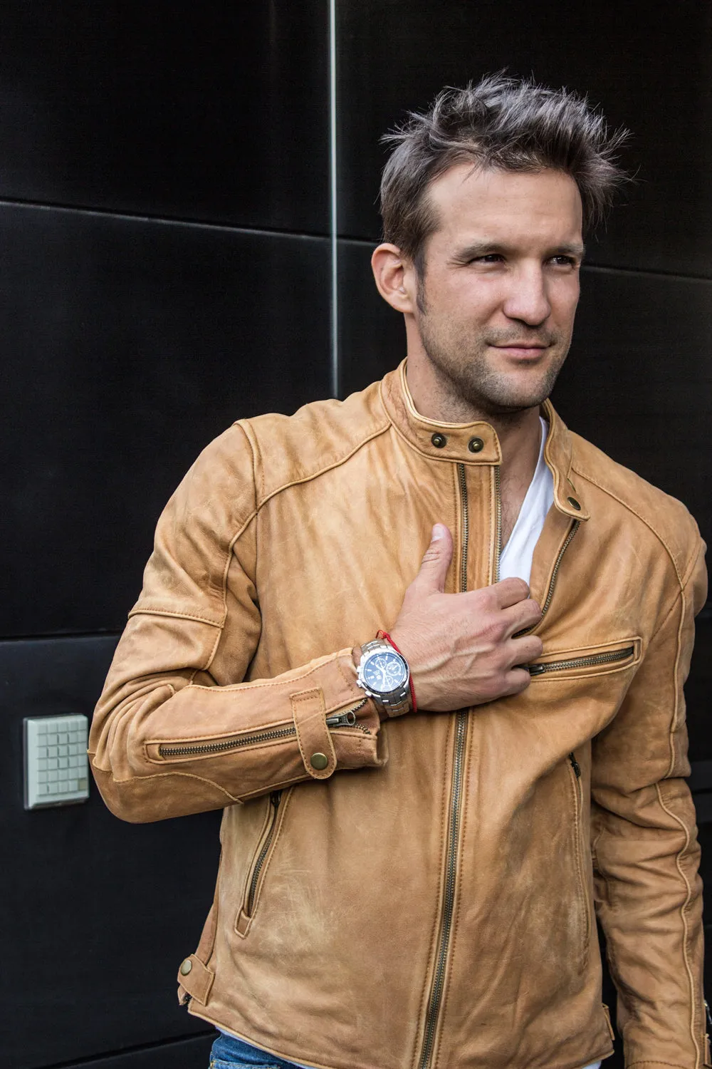 R79 SOL Leather Jacket Pre-Washed tan Leather  - Cafe Racer