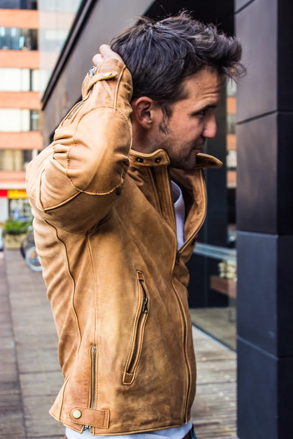 R79 SOL Leather Jacket Pre-Washed tan Leather  - Cafe Racer