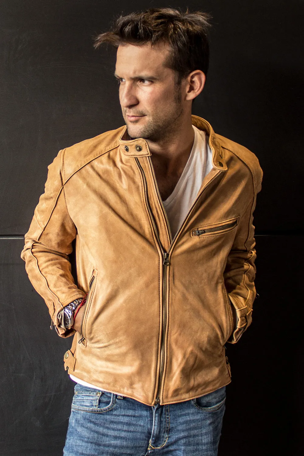 R79 SOL Leather Jacket Pre-Washed tan Leather  - Cafe Racer