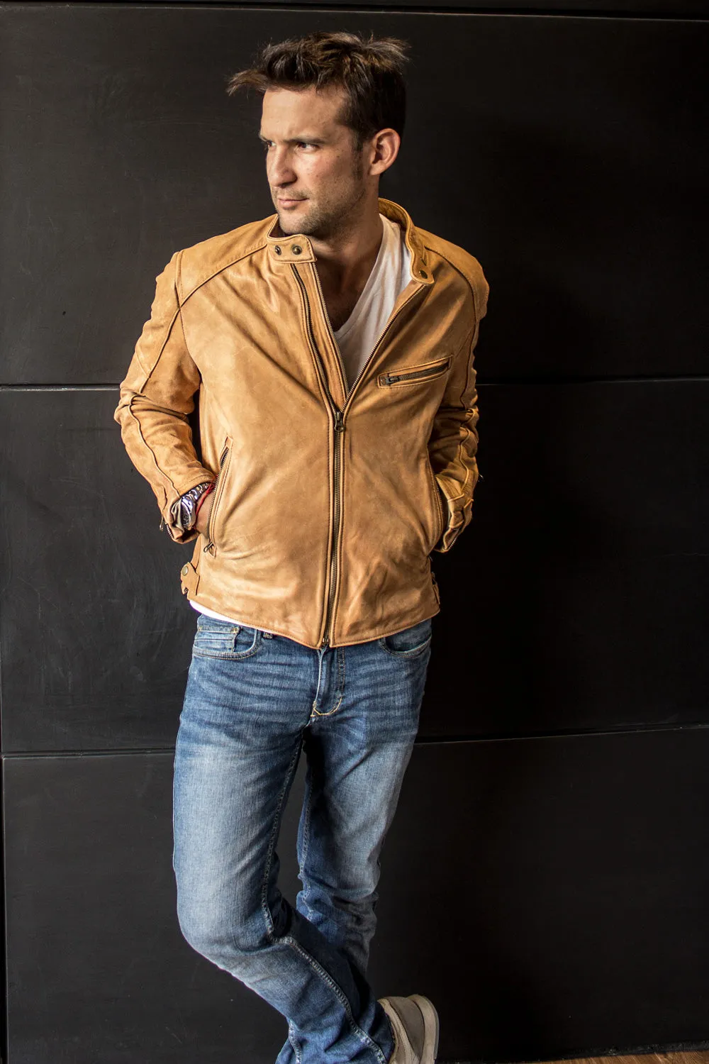 R79 SOL Leather Jacket Pre-Washed tan Leather  - Cafe Racer