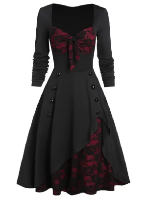 Retro Lace Stitching Button Long Sleeve Dress
