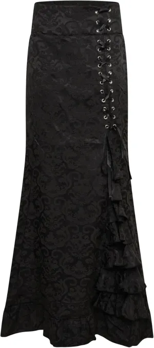 Ro Rox Kathleen Brocade Lace-Up Skirt with Mermaid Ruffle, Jacquard Gothic Maxi Skirt for Women, Black, 2XL