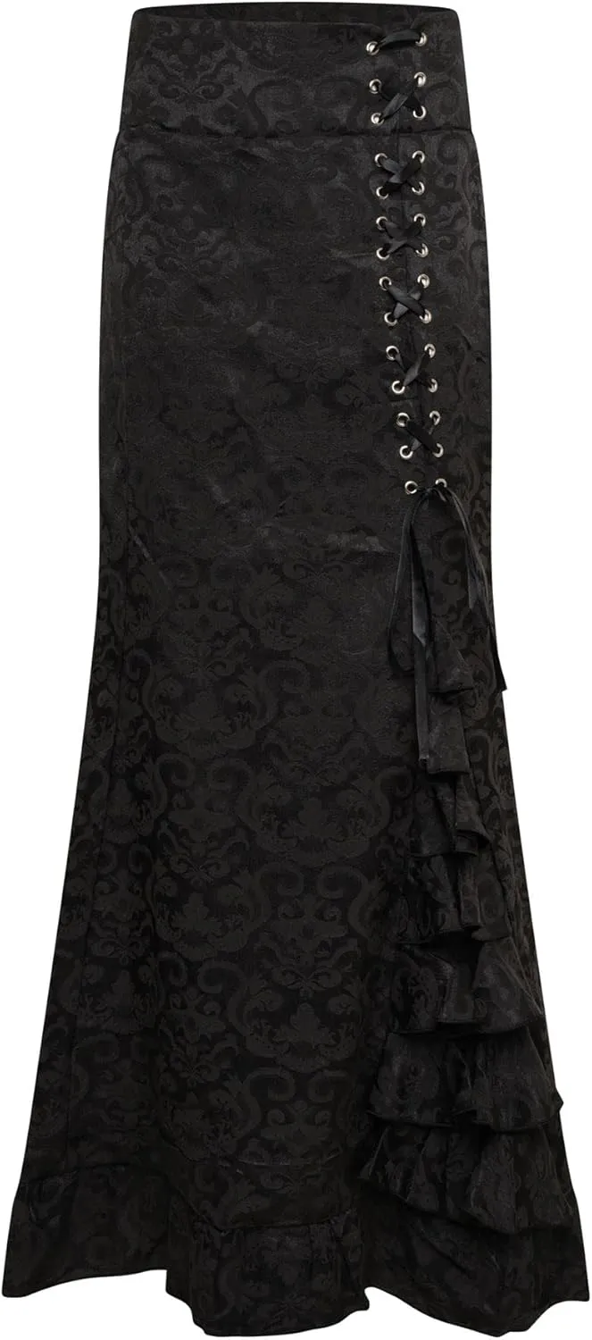 Ro Rox Kathleen Brocade Lace-Up Skirt with Mermaid Ruffle, Jacquard Gothic Maxi Skirt for Women, Black, 2XL