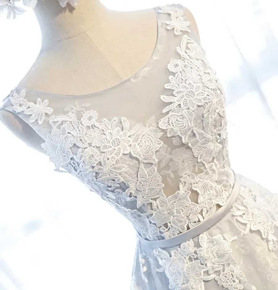 Round Neck Gray Lace Prom Dresses with Corset Back Gray Lace Formal Evening Bridesmaid Dresses