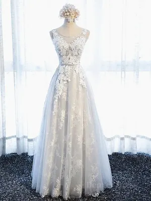 Round Neck Gray Lace Prom Dresses with Corset Back Gray Lace Formal Evening Bridesmaid Dresses