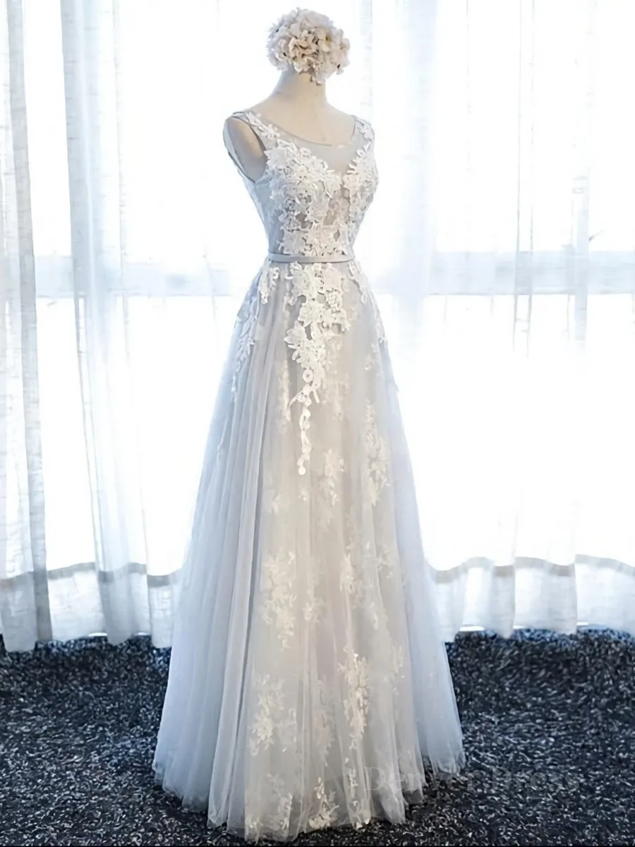 Round Neck Gray Lace Prom Dresses with Corset Back Gray Lace Formal Evening Bridesmaid Dresses