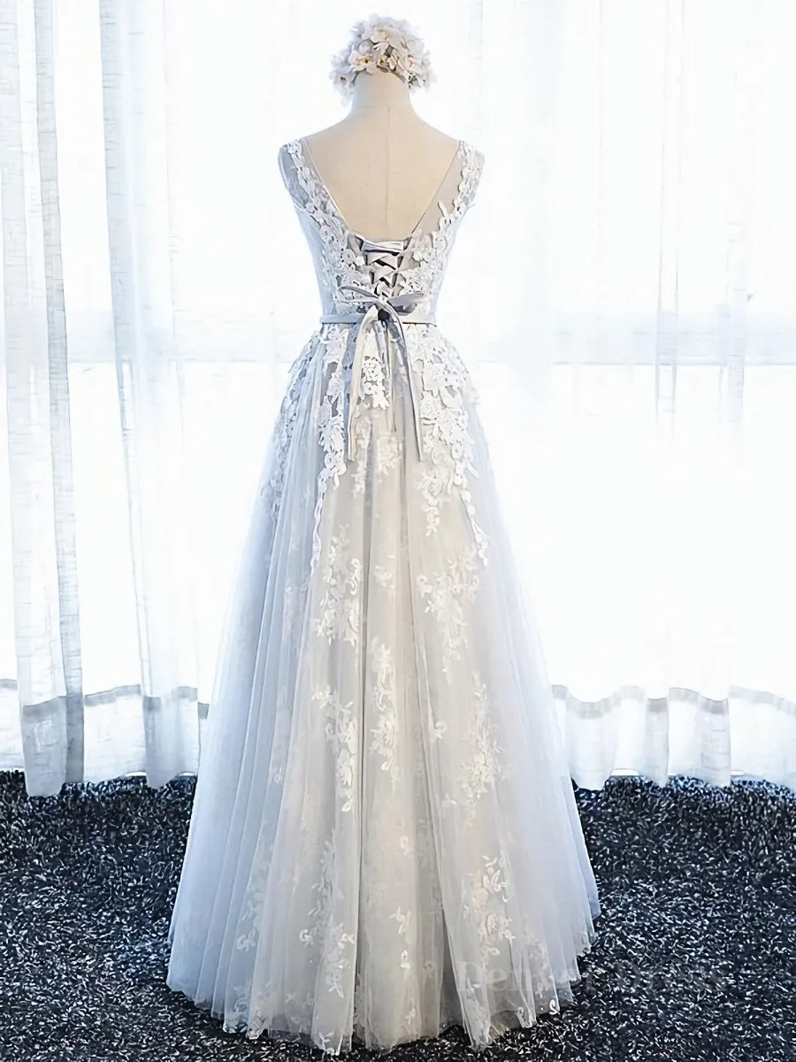 Round Neck Gray Lace Prom Dresses with Corset Back Gray Lace Formal Evening Bridesmaid Dresses