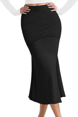 SEBOWEL Women Bodycon Ruched Skirt Shirring High Waist Casual Long Pencil Skirts Stretchy Midi Ruffle Club Party Skirt, Black, L