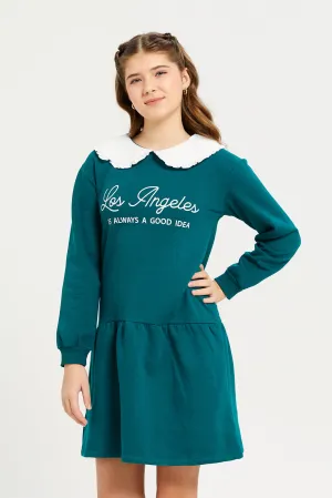 Senior Girls Green Peterpan Collar Sweatshirt Dress