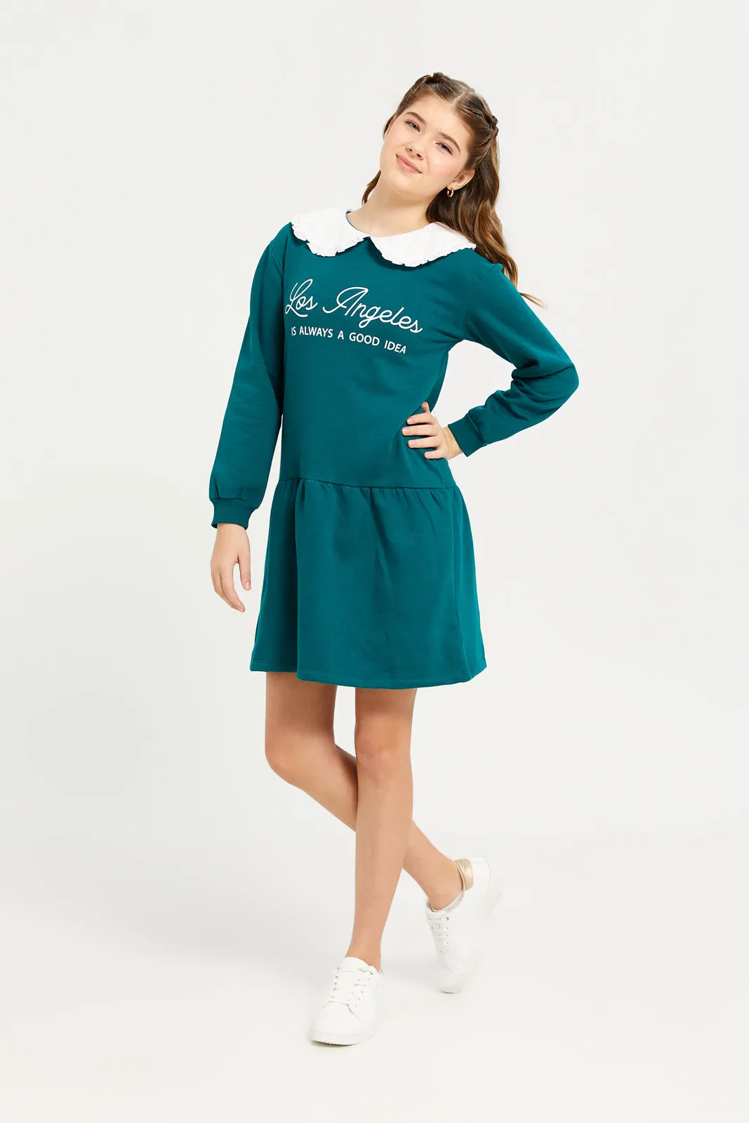 Senior Girls Green Peterpan Collar Sweatshirt Dress