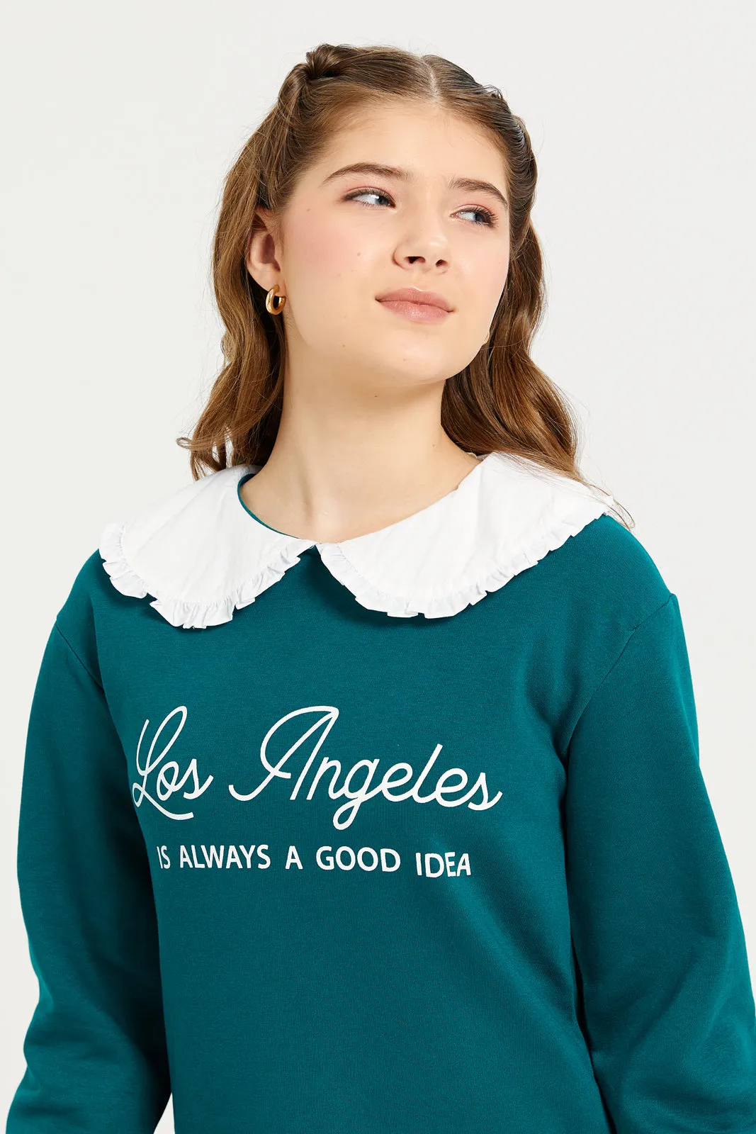 Senior Girls Green Peterpan Collar Sweatshirt Dress