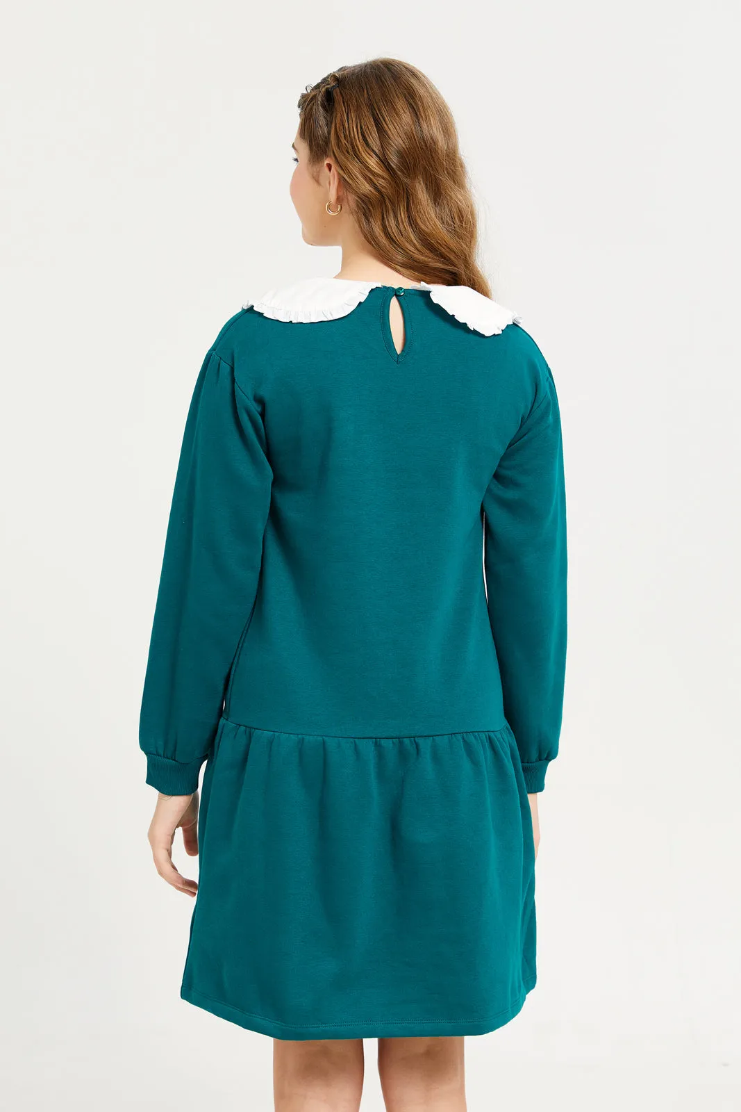 Senior Girls Green Peterpan Collar Sweatshirt Dress