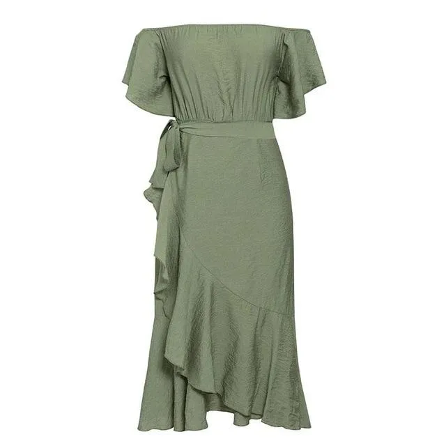 Sexy Off Shoulder Summer High Waist Ruffled Split Short Sleeve Long Dress