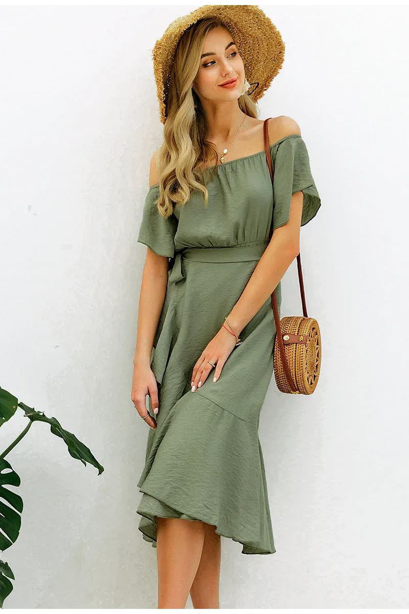 Sexy Off Shoulder Summer High Waist Ruffled Split Short Sleeve Long Dress