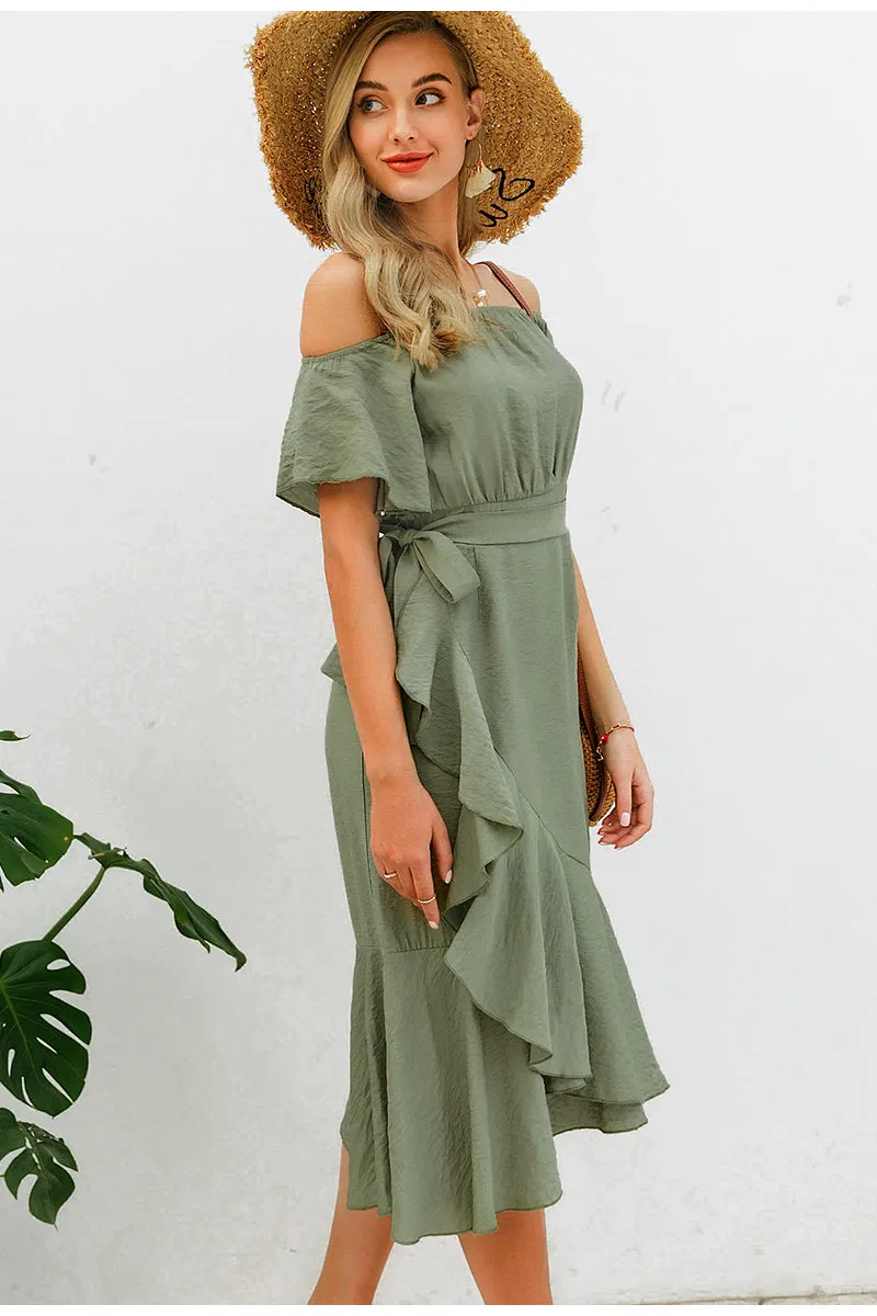 Sexy Off Shoulder Summer High Waist Ruffled Split Short Sleeve Long Dress