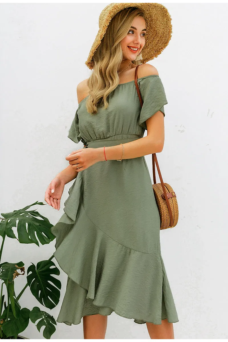 Sexy Off Shoulder Summer High Waist Ruffled Split Short Sleeve Long Dress