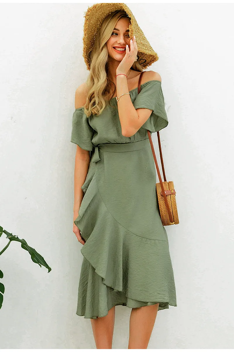 Sexy Off Shoulder Summer High Waist Ruffled Split Short Sleeve Long Dress