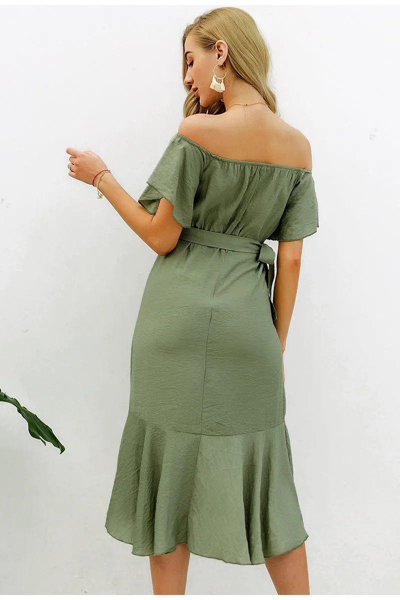 Sexy Off Shoulder Summer High Waist Ruffled Split Short Sleeve Long Dress