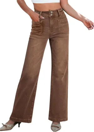 Sidefeel Women's Wide Leg Jeans High Waisted Tummy Control Stretchy Pockets Front Straight Leg Jeans