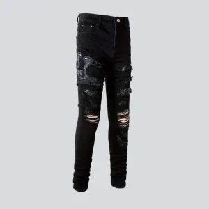 Snake embroidery ripped men's jeans