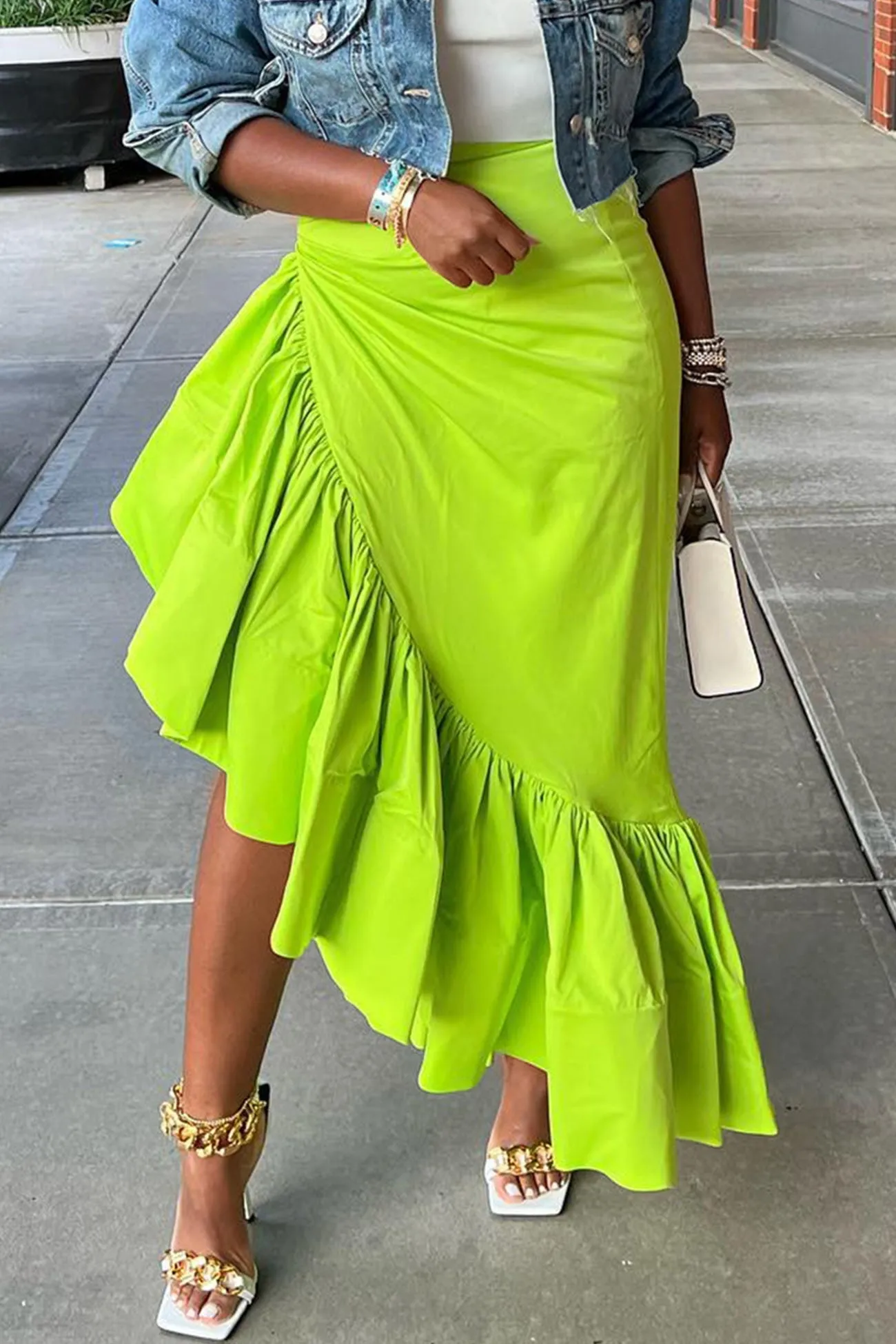 Solid Irregular Ruffle Hem Skirt