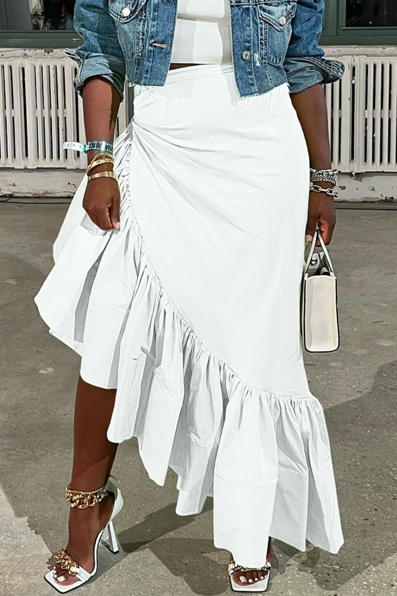 Solid Irregular Ruffle Hem Skirt
