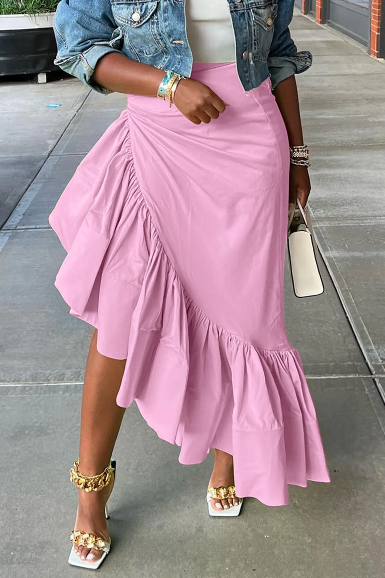 Solid Irregular Ruffle Hem Skirt