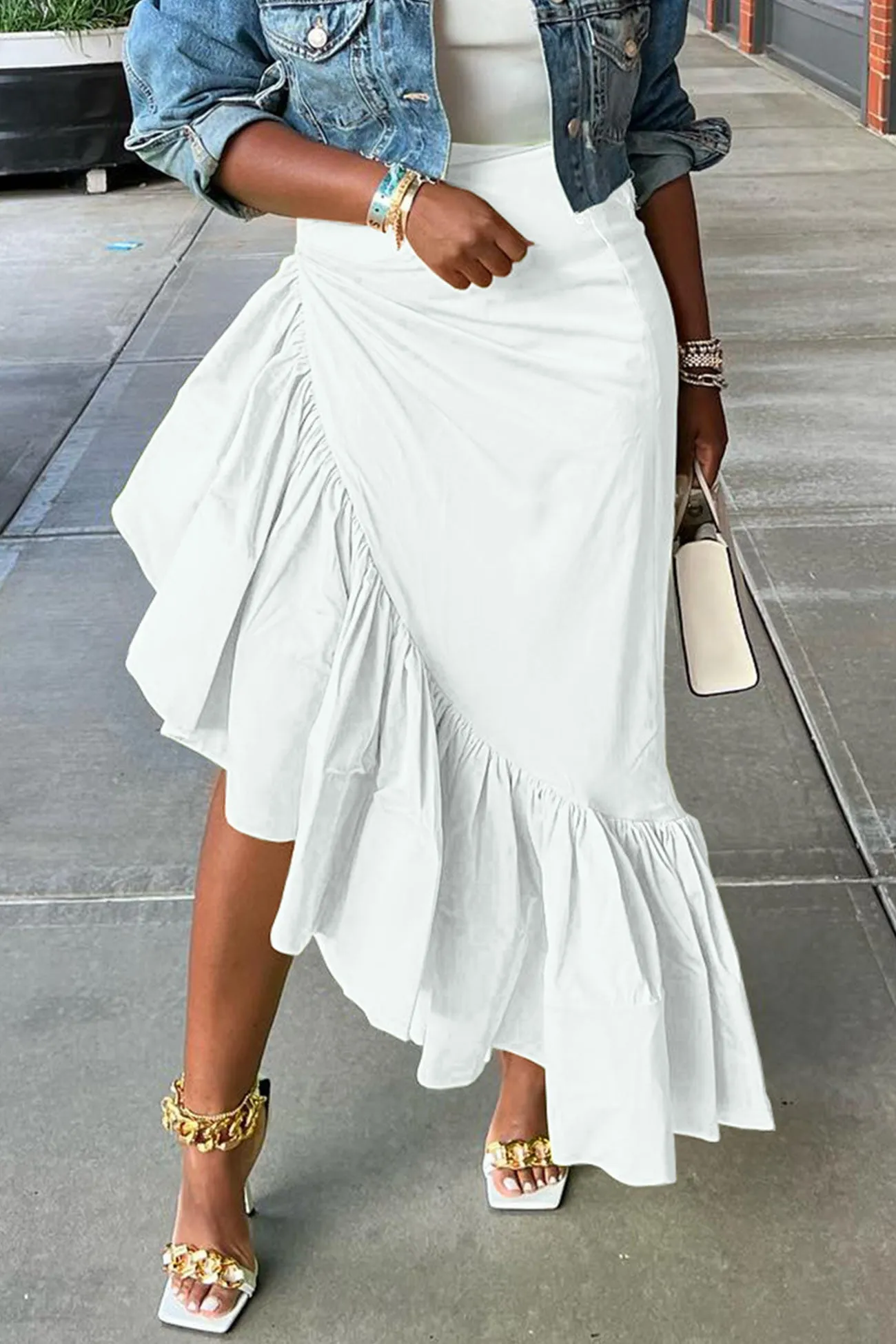 Solid Irregular Ruffle Hem Skirt