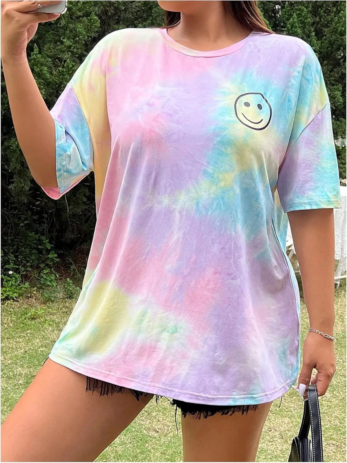 SOLY HUX Women's Plus Size Tops Tie Dye Graphic Tees Half Sleeve Round Neck Summer T Shirts