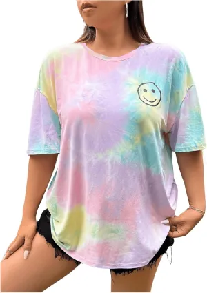 SOLY HUX Women's Plus Size Tops Tie Dye Graphic Tees Half Sleeve Round Neck Summer T Shirts