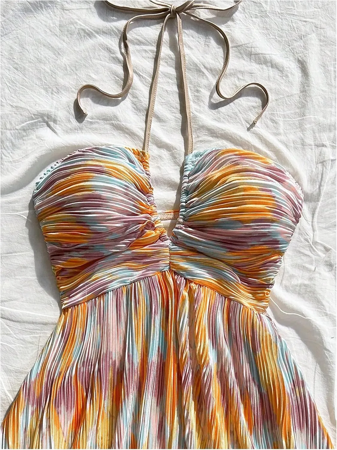SOLY HUX Women's Tie Dye Cami Dress Halter Backless Sleeveless A Line Short Summer Dresses Sundress