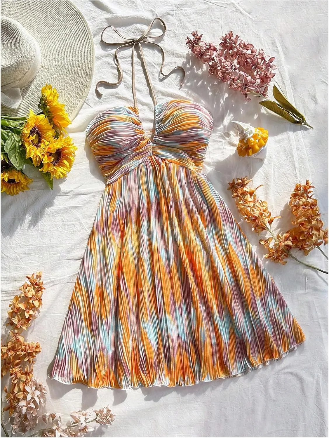 SOLY HUX Women's Tie Dye Cami Dress Halter Backless Sleeveless A Line Short Summer Dresses Sundress