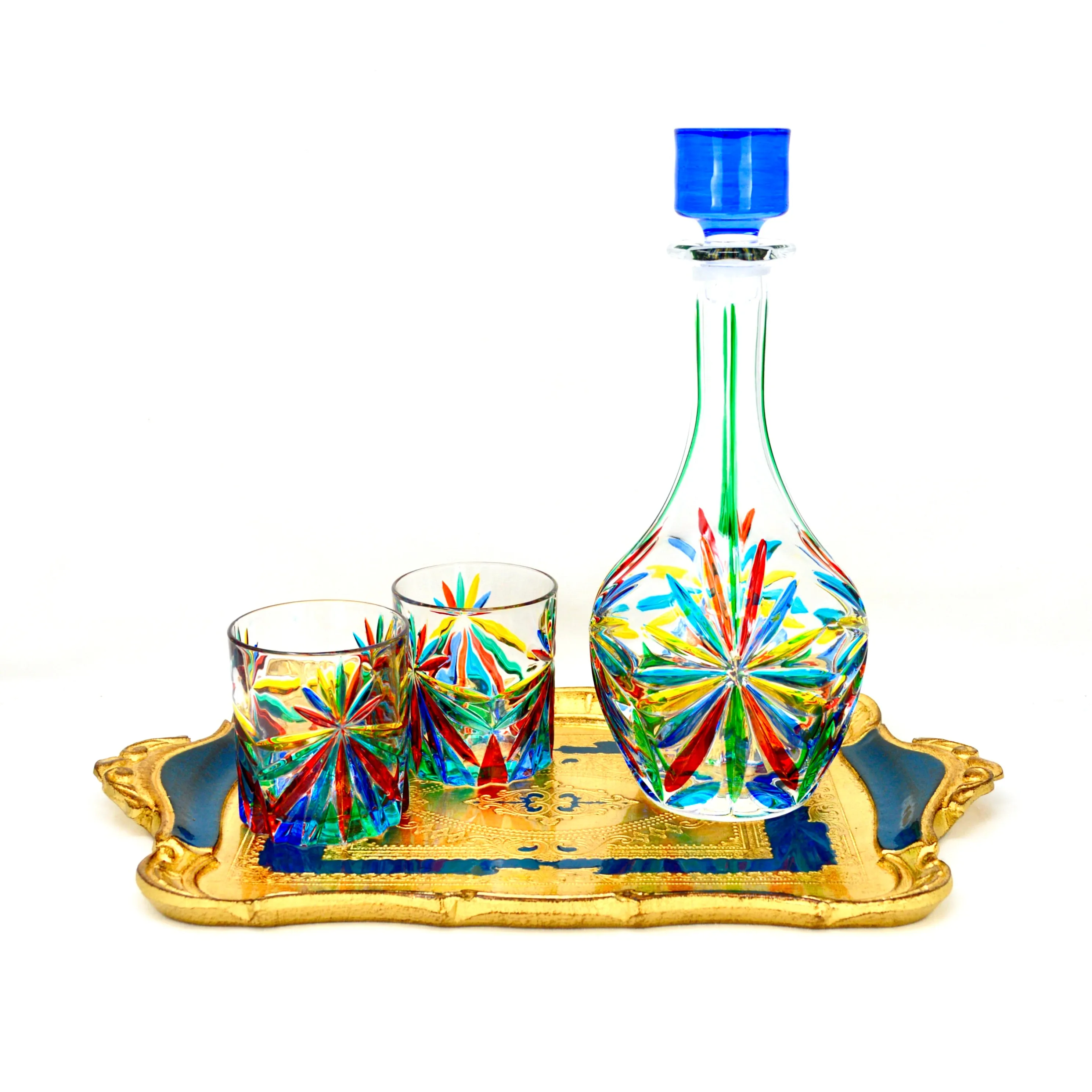 Starburst Round Decanter, Hand Painted Crystal, Made in Italy